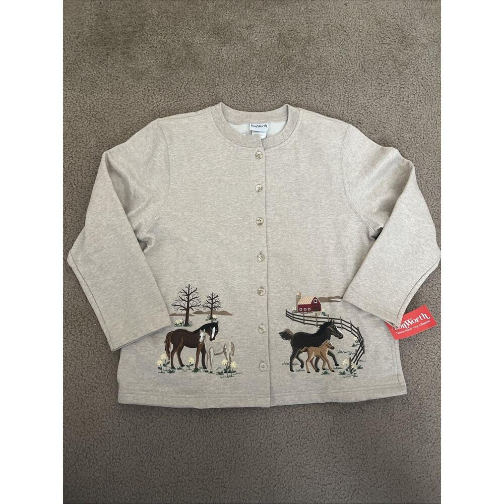 Vintage Bon Worth Women’s Embroidered Horse Cardigan Jacket Size Large